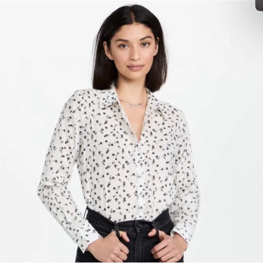 Nili Lotan Libby Button Front Shirt 
Ivory Black Floral Size S